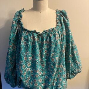 St. John's Bay Relaxed Ruffled Puff Sleeve Blouse in Blue and Green